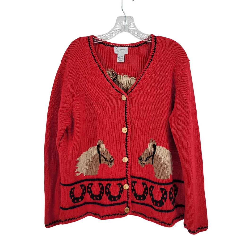 VTG Shyanne Collection Red Horse Horseshoe Knit Cardigan Sweater Western Large